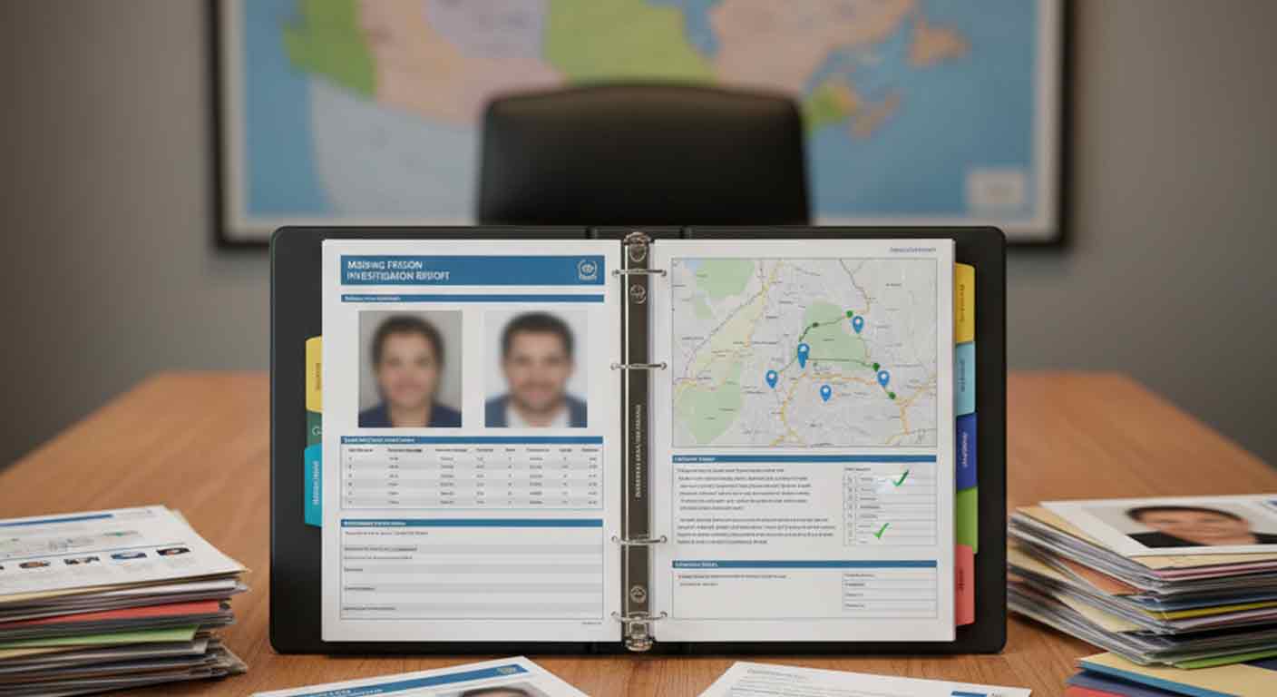 Missing person investigation case file with research and findings