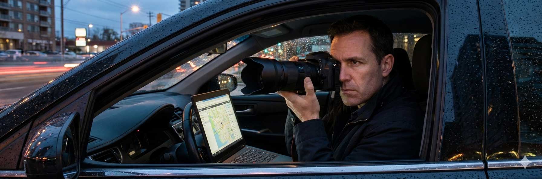 Licensed private investigator conducting professional surveillance in Toronto