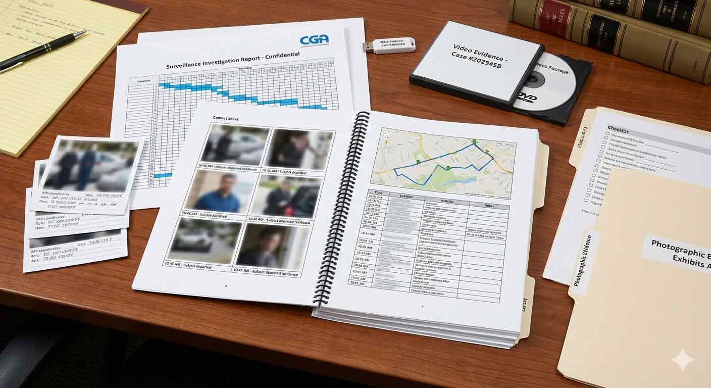 Surveillance investigation evidence report with photos and activity logs