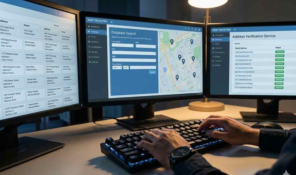 Enquêteur professionnel effectuant recherche d'adresse et recherche de base de données de pistage